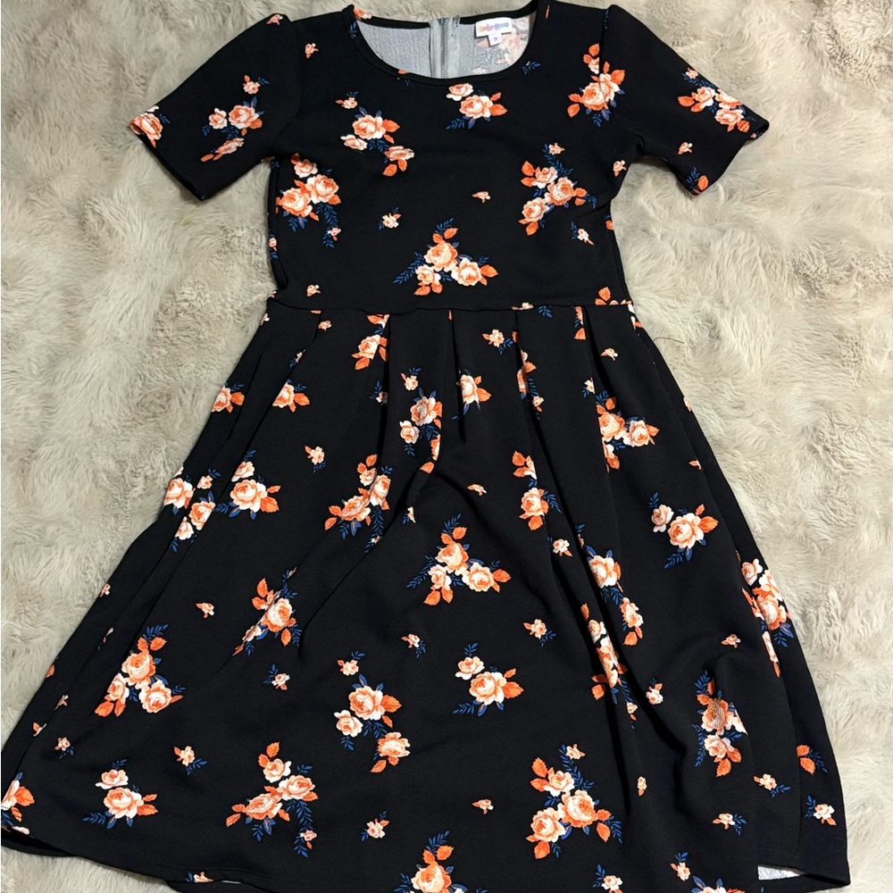 Lularoe Black Floral Fit-and-Flare Dress with Orange Blossoms